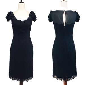 WHBM Black Lace Fitted Dress Cap Sleeve Sheer Sheath Cocktail Dress Size‎ 0